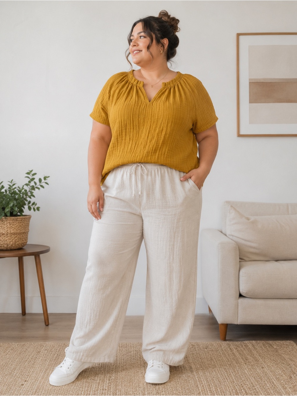 Ann Taylor Factory Mustard Short-Sleeve Top with Cream Wide-Leg Pants